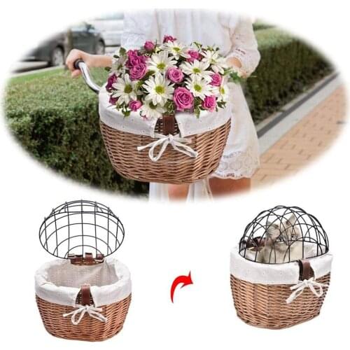 Vintage Rattan Bicycle Baskets Cat Bicycle Balance Car Baskets Bike Scooter Basket Kids Bike Cart Handbag Pet Carrier Cycling