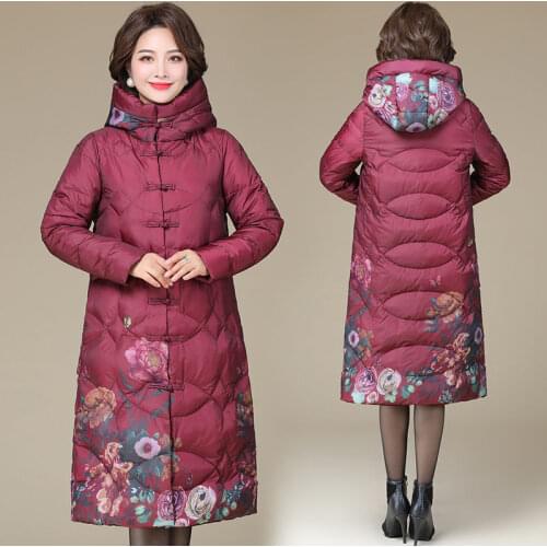 Women 2021 Winter New Printed White Duck Down Jackets Female Middle-aged Thick Warm Coats Ladies Long Hooded Overcoats E568