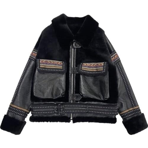 2021 womens winter fashion sheep fur sheepskin genuine leather surface shearling wool lining biker jacket coat