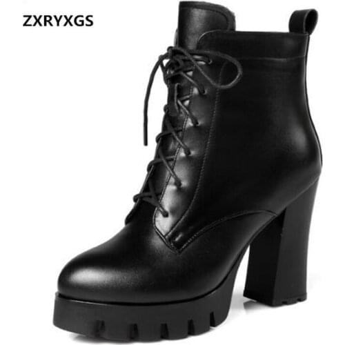 Full Cowhide Women Leather Boots Super High Heel Boots Non-slip Thick Heel Shoes 2019 Lace-up Autumn Winter Boots Women Boots