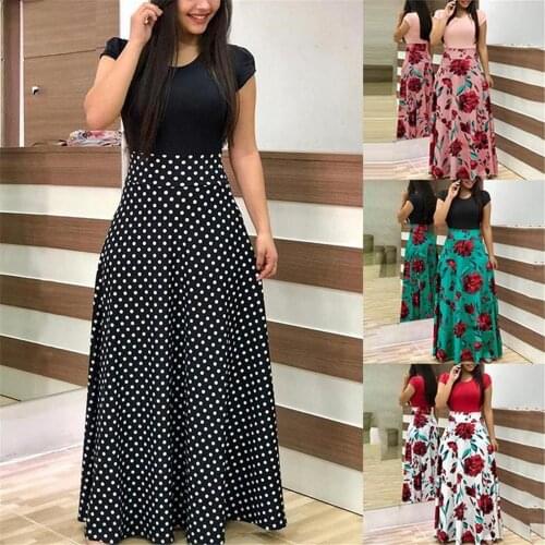 2021 Women Hot Bohemian Long Sleeve Maxi Dress Color Block Polka Dot Floral Patchwork Bodycon Empire Waist Vintage