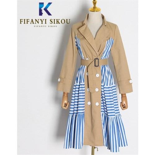 Stripe Patchwork Khaki Trench coat Women Double Breasted Belt Long sleeve Fashion Long Trench coat Female Loose Casual Outerwea