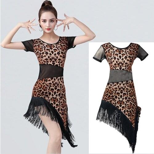 Latin Dance Costume Female Adult Leopard Tassel Dance Performance Sexy Mesh Splicing Dress Modern Dance Women Short Sleeve