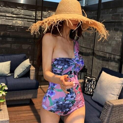 2019 New Korean Women One Piece Swimsuit One Shoulder Back Clip Closure Backless Sexy Tummy Control Swimwear Bathing Beach Suits