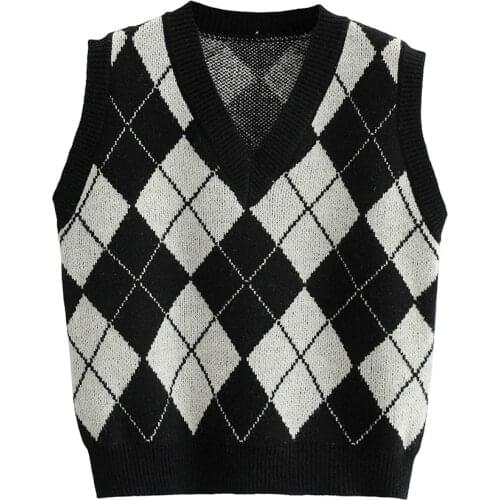 2021 women College style V Neck Pullovers versatile Knit vest casual sweater Diamond Knitwear Tank Top Knitted Jumper Colete