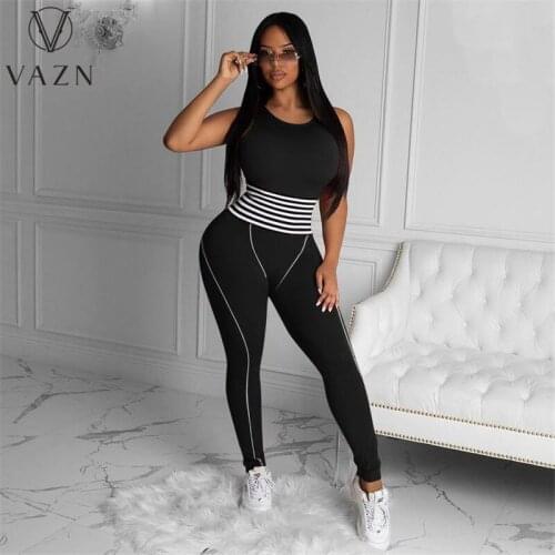 VAZN 2021 Hot Sale Sexy Office Lady Women Sleeveless O-neck Solid Party Beach Jumpsuits Full Pant Bandage Rompers