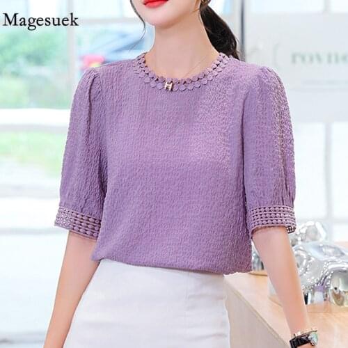 2021 Summer Chiffon Blouse Women Plus Size Pleated Apricot Tops Short Sleeve Casual O Neck Loose Women Shirt Blusas Mujer 10205