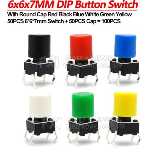 50 Pairs 100PCS 6x6x7mm PCB Momentary Tactile Tact Mini Push Button Switch Module DIP 4PIN With Round Cap fdkjgecf 6*6*7mm