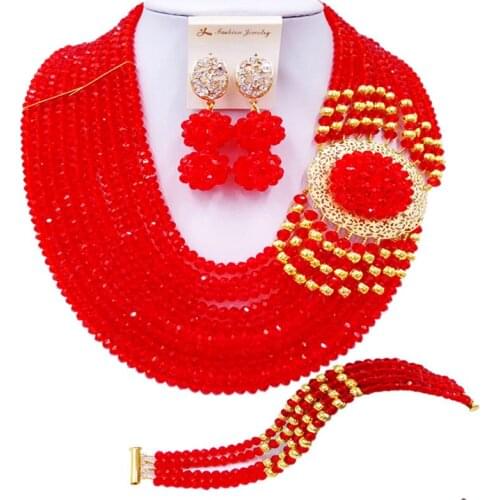 ACZUV Nigerian Wedding African Beads Red Jewelry Set 10C-DBPH004