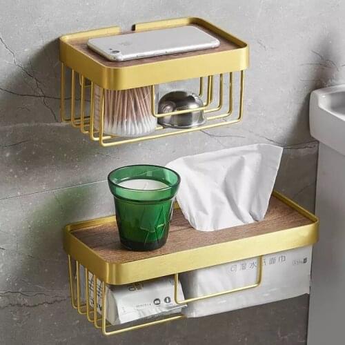 Aluminium Paper Holder Phone Storage Tissue Rack Brushed Gold Bathroom Accessories With Walnut Cover Toilet Roll Dispenser Shelf