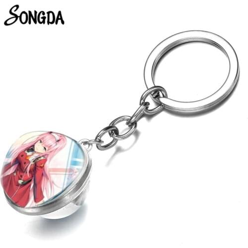 Anime DARLING in the FRANXX Keychain Kawaii Zero Two 02 Cartoon Figures 3D Print Double Side Glass Ball Key Chain Otaku Jewelry
