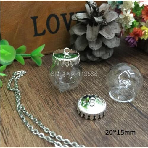 Free ship!!! 20sets/lot 20*15mm diy glass globe silver crown base set glass globes set glass vial pendant glass cover round ball