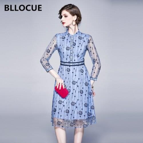 BLLOCUE 2020 New Fashion Spring Womens Vintage long Sleeve Tulle Flower Floral Embroidery Lace Dress Slim Party Dress