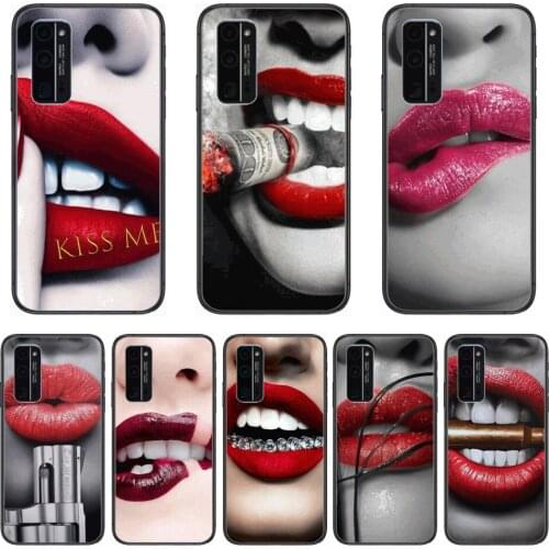 Personality lips Phone Case Hull For Huawei Honor 8 9 10 20 30 A S Lite Pro 5g i Black Back Soft Cell Cover Pretty