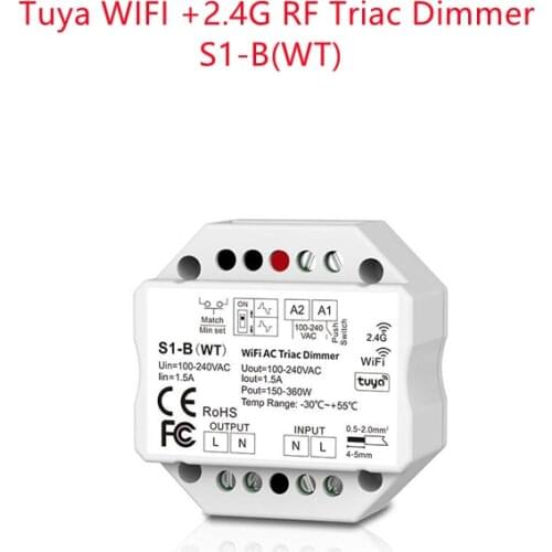 1CH*1.5A WiFi-RF+Push AC Phase-cut Dimmer S1-B(WT) Triac Dimmer Tuya APP Cloud Control / Voice Control S1-B WT LED Controller