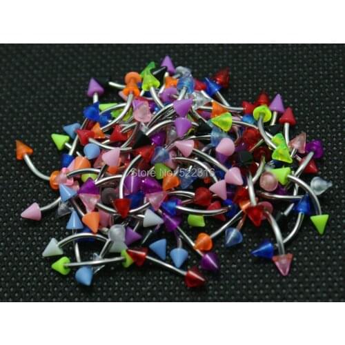 Curved eyebrow rings mix colors 100pcs body piercing jewelry stainless steel barbell acrylic 3mm cone spike