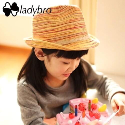 Ladybro Summer Cute Girls Hat Cap Kids Beach Jazz Straw Hat Women Sun Hat Children Striped Foldable Child Panama Hat Female