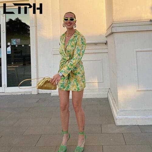 LTPH elegant resort style shirt dress women lapel long sleeve print high waist straps Slim midi dresses 2021 summer new