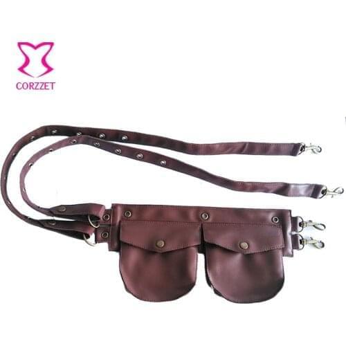 Brown Faux Leather Men / Women Small Pouch Bags Waist Pocket Belt Gothic Corset Steampunk Clothing Burlesque Costume Accessories