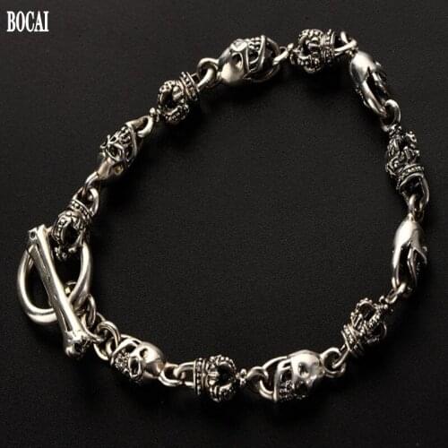 BOCAI 2021 Trend Real Pure s925 Silver Retro Fashion Punk Skull Crown Couple Men and Women Bracelets