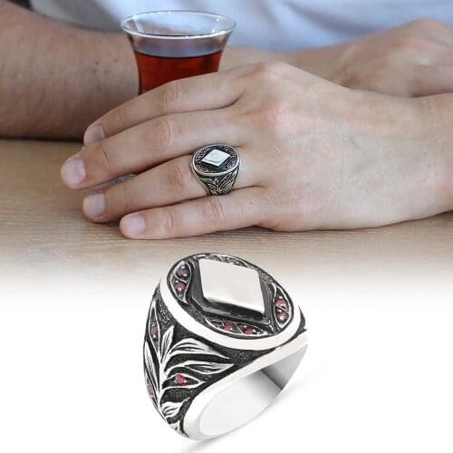 Tesbihane Micro Embroidered Lozenge Pattern 925 Sterling Silver Men 'S Ring