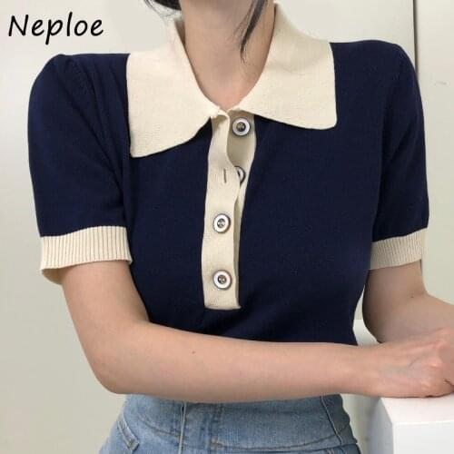 Neploe Turn Down Collar Short Sleeve Single Breast Knit T Shirt Women Slim Fit Hit Color Striped Patch Tees Summer 2021 New Top