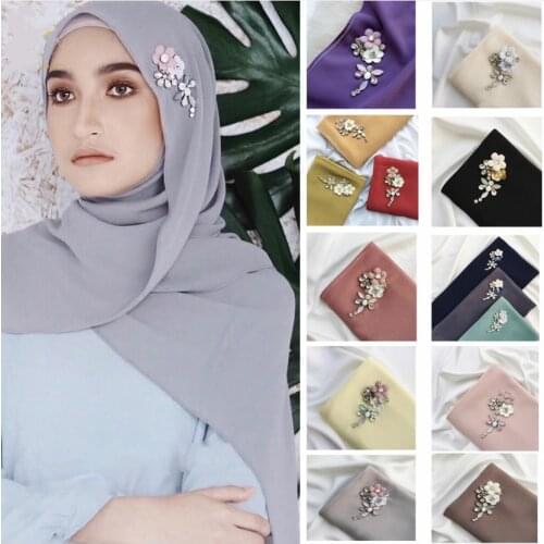 Novelty 2020 Moda Solid Color Kerudung Muslim Fashion Rhinestone Chiffon Hijab Scarf Women Turban Head Wrap Turkish Scarves long