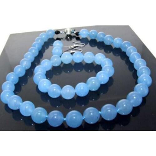 One Set 18" Necklace Bracelet Earring Blue Jade 12mm Knotted Each Beads