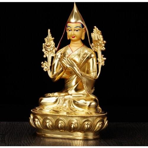 Wholesale Buddha 23cm HOME Talisman efficacious Protection Nepal Gelug Buddhism Tsongkhapa Gold-plated buddha figure statue