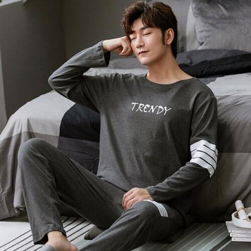Autumn Winter Mens Cotton Pajamas Letter Striped Sleepwear Gray Pajama Sets Casual Sleep&Lounge Pyjamas Plus Size 4XL Pijama