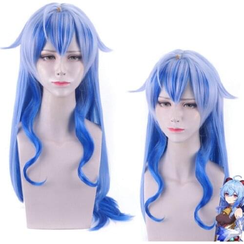 Game Genshin Impact Wig Ganyu Cosplay Gradient Blue Hair 80cm Long Curly Heat Resistant Wigs Women Halloween Role Play Costume