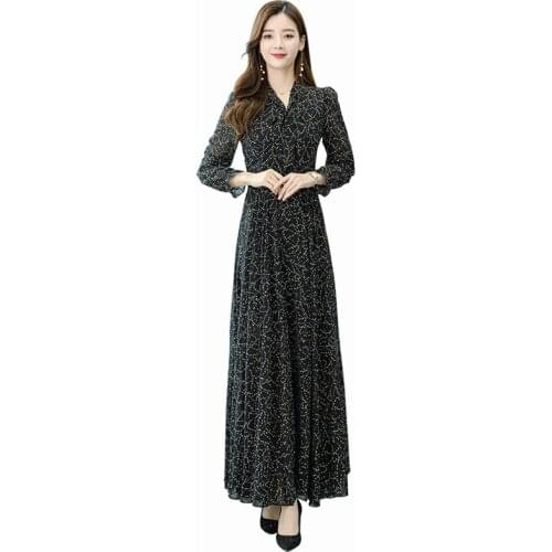 Dress 2021 Women Chiffon Long Dress black V-neck A-Line Party Dress Vintage Floral Dress Women Elegant Chiffon Dress