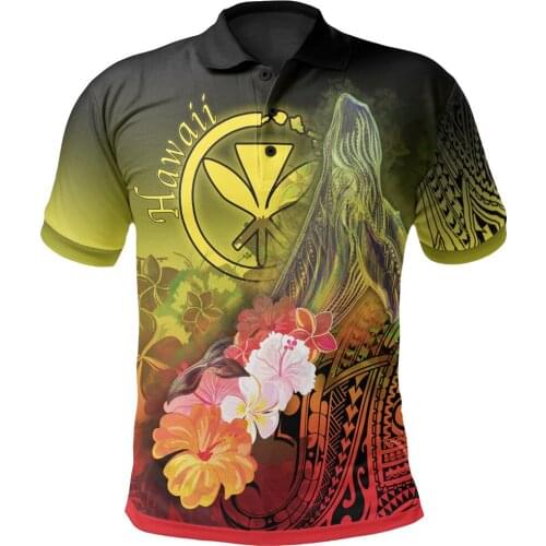Polynesian Hawaii Polo Shirts Kanaka Maoli Humpback Whale with Tropical Flowers Yellow Printed Men Women Short Sleeve T-shirt