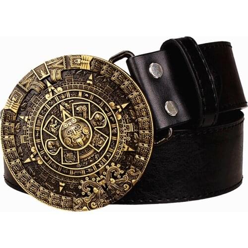 Personality Aztec gold belt metal buckle round solar calendar mens leather belts punk rock belt women jeans belt hip hop girdle