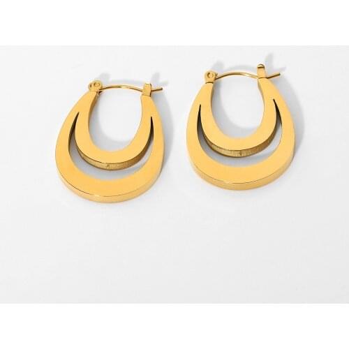 18k Gold Plated Stainless Steel Double Layer Oval Flat Hoop Earrings For Women Geometric Circle Earrings Jewelry