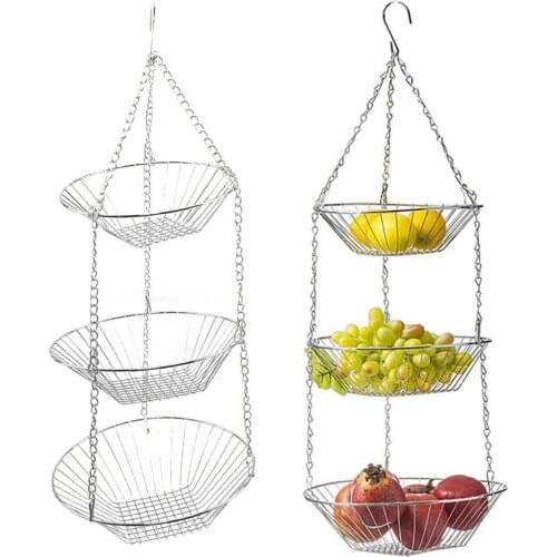Three-tier Flower Basket Fruit Basket 3 Layers Hollow Round Wire Hanging Fruit Vegetable Kitchen Storage Basket Plate