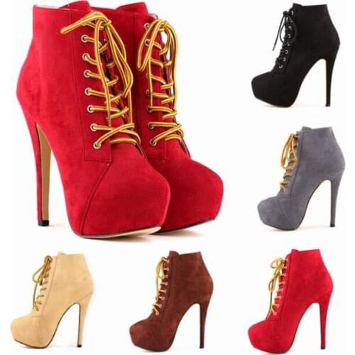 Round Toe Women Pumps Thin High heels Shoes Sexy Wedding Party Flock 14CM Lace Up Ankle Strap waterproof 2020 size 35-42