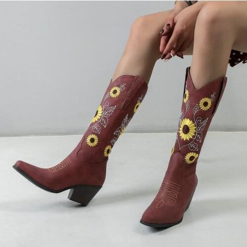 Ladies Fashion Knee High Boots Spring Autumn Embroidered Color Slip On Loose Womens Shoes Winter Rider Boots with Thick Heel