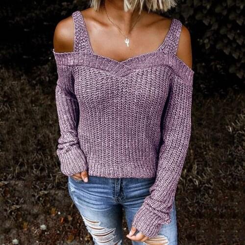 Womens Autumn New Sexy Sling Strapless Sweater Fashion One Way Collar Solid Color Casual Tops Ladies Long Sleeved Sweater 2021