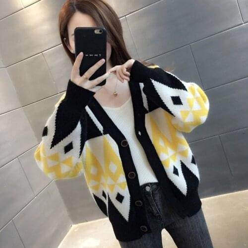 2021 Ladies Autumn Printed Knitted Cardigans Sweater Women Korean Loose Long Sleeve Sweaters Female V Neck Jumpers Cardigan Q843