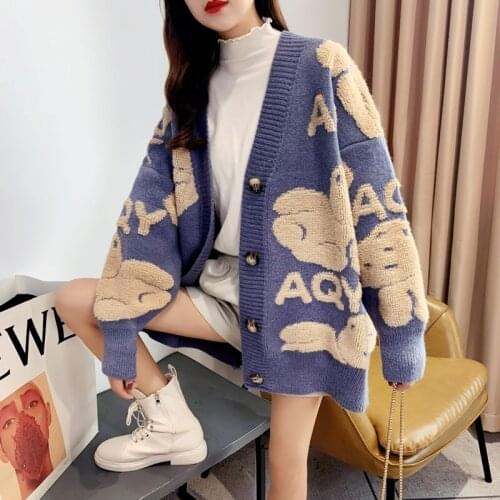 Wool Vintage Cute Teddy Bear Sweater Cardigan Women 2020 Winter Korean Style V Neck Overcoat Knitted Harajuku Oversize Ladies