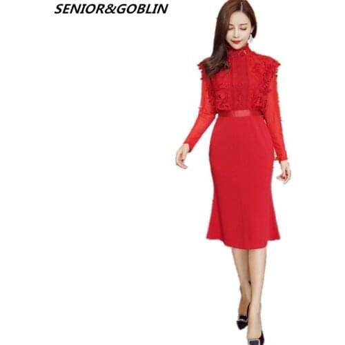 2019 Newest Self Portrait Black Lace Patchwork Hollow Out Long Sleeve Summer Women Red Bodycon Stand Collar Mermaid Party Dress