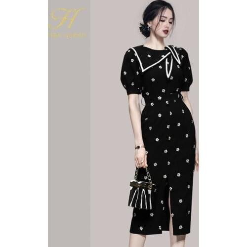 H Han Queen New Summer Embroidered Pencil Dresses Women OL Sheath Work Casual Slim Party Bodycon Dress Black Vestidos