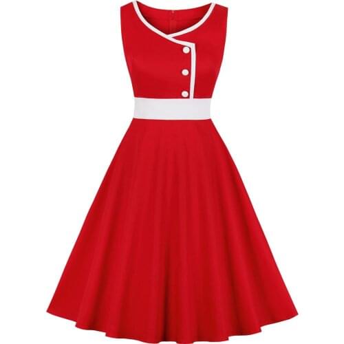 SISHION 50s Hepburn Style Elegant Vintage Dress with Button VD2054 Summer Cotton Sleeveless Red Women Dress