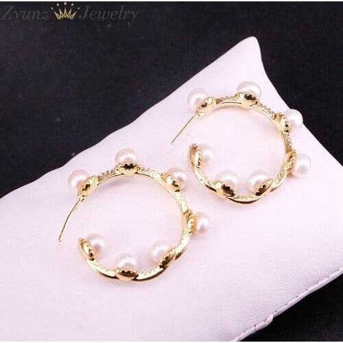 5Pairs, Fashion Natural Pearl Beads Round Circle Earrings Gold Color Jewelry