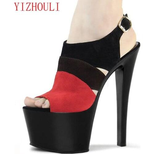 Color matching suede fish mouth sandals Bump color 17 cm high heels, super fine with waterproof nightclub Dance Shoes