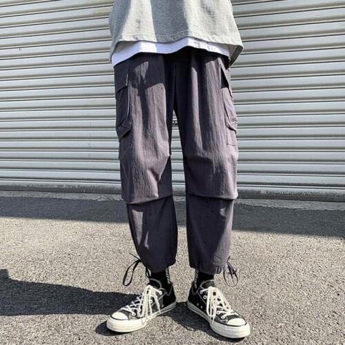 Streetwear Men Pants Punk Style Spring Summer Hip Hop Men Loose Wide Leg Pants Jogger Skateboard Sweatpants with Pockets Ribbons