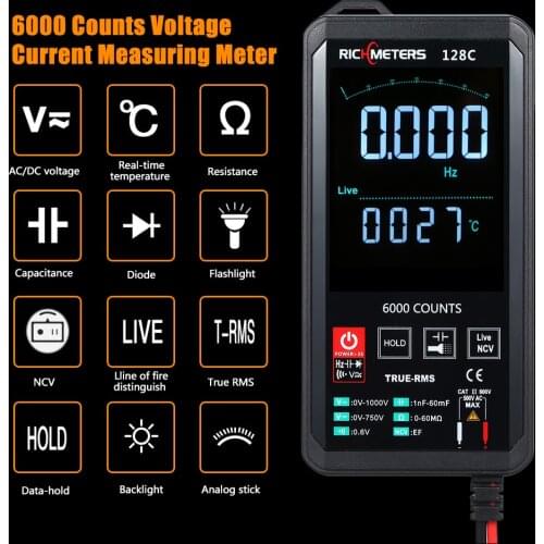 Digital Multimeter 6000 Counts True-RMS Auto Ranging AC/DC Voltage Temperature Measuring Meter Flash Light Backlight Large Scree