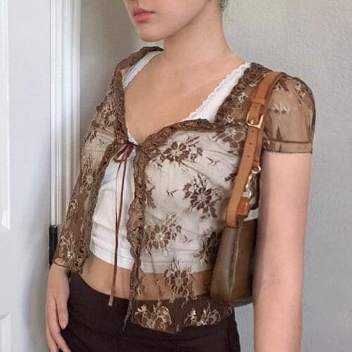 Floral Lace Cardigans Y2K Brown Crop Top Frill Cute T Shirt Tie Up Short Sleeve Tshirt Women Harajuku Tee Top Vintage