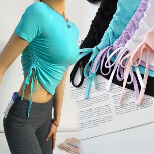 Purple Drawstring T-shirt Womens O-neck Short-Sleeved Shirt Short Tight Woman Tshirts Tops Mujer Camisetas